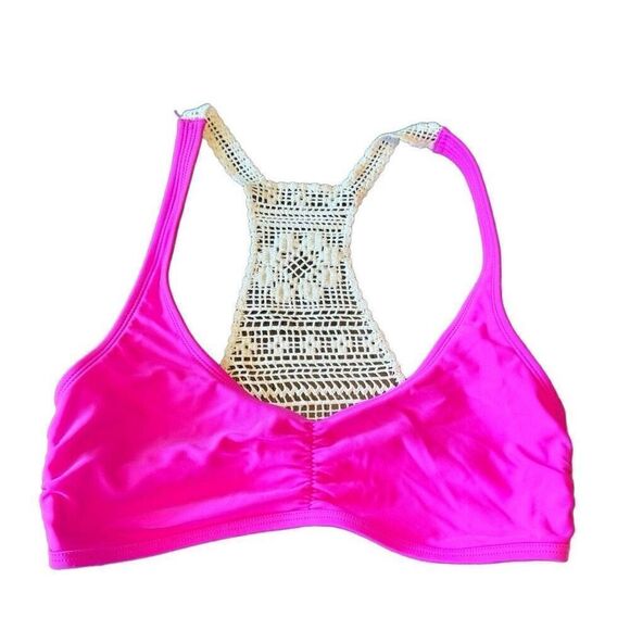 Aerie Fuchsia Hot Pink Crocheted Back Racerback Swim Bikini Top Medium - Picture 1 of 4